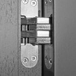 Silver hinge attached to black wooden door